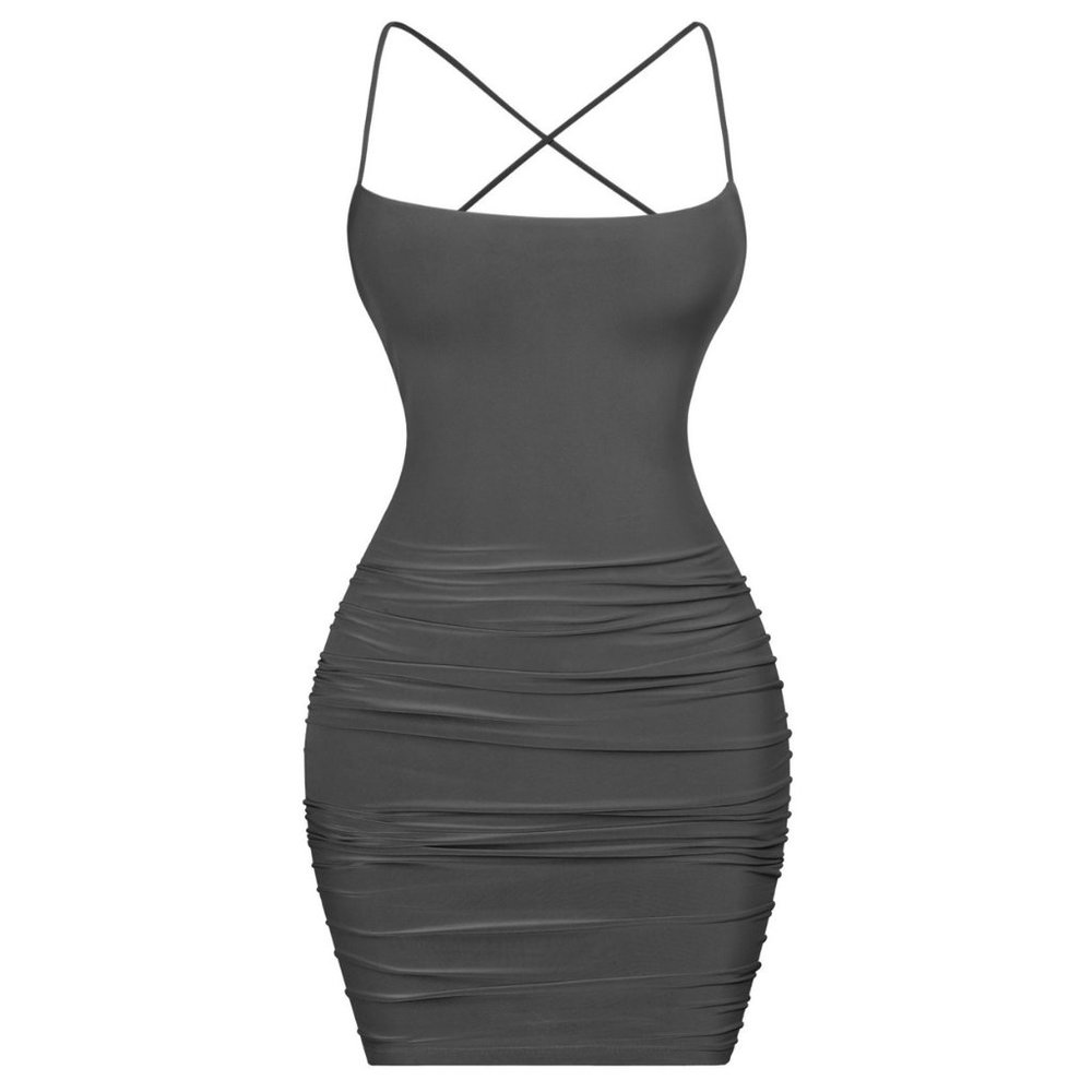 Tresser Square Neck Strappy Tie Back Ruched Mini Dress Black Size Small NWT